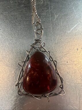 Handcrafted Amber Pendant Necklace in Deep Cognac Brown